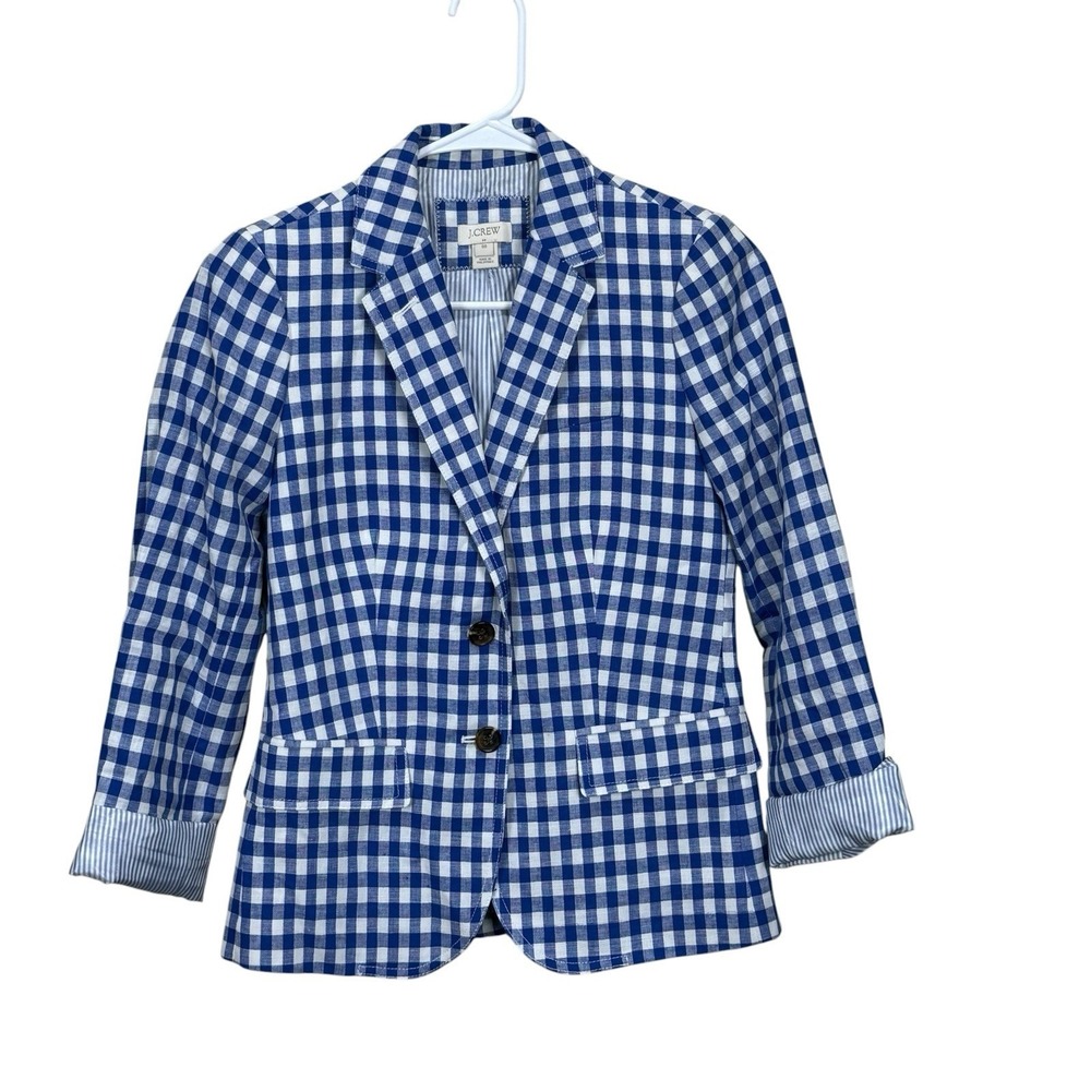J Crew Jacket 00 Linen Blend Campbell Blazer Blue Gingham Check Schoolboy Office